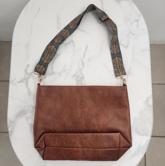 Unisex Dark Brown Tote Bag With Patterned Boho Strap - Picture 4 of 13